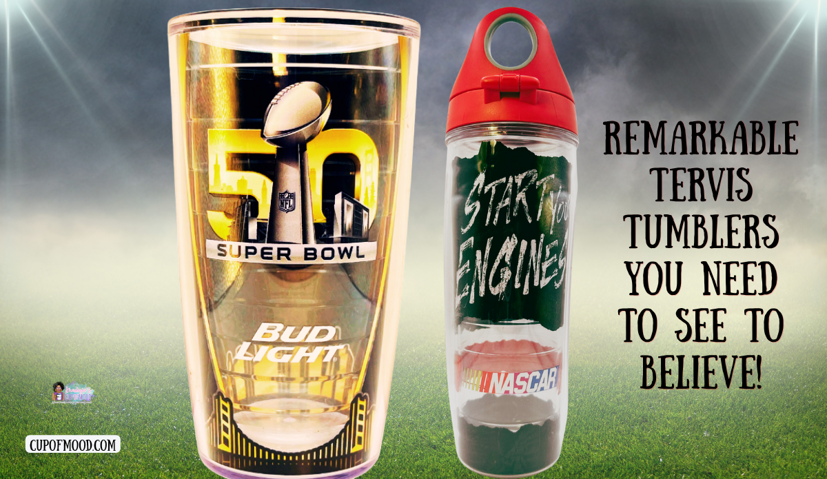 Super Bowl 50 Bud Light Tervis tumbler and Start Your Engines NASCAR Tervis water bottle against a stadium-inspired background.