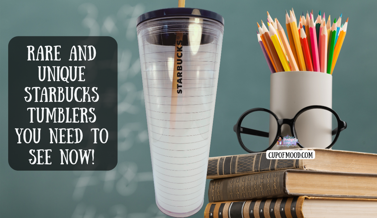 Starbucks Teacher Appreciation notebook paper tumbler displayed with colored pencils, glasses, and stacked books
