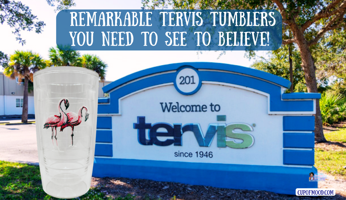 Tervis flamingo tumbler displayed beside the Tervis headquarters sign in North Venice, Florida, surrounded by palm trees.