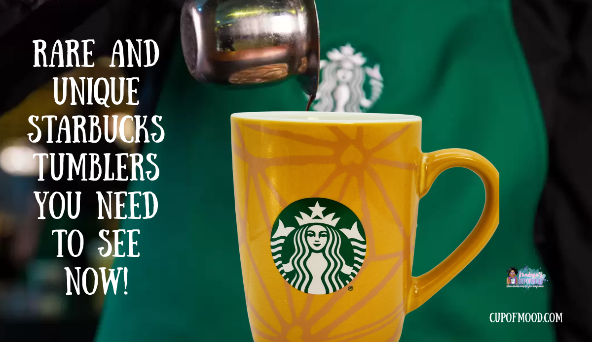 Yellow Starbucks ceramic mug receiving a coffee pour against a green Starbucks café background