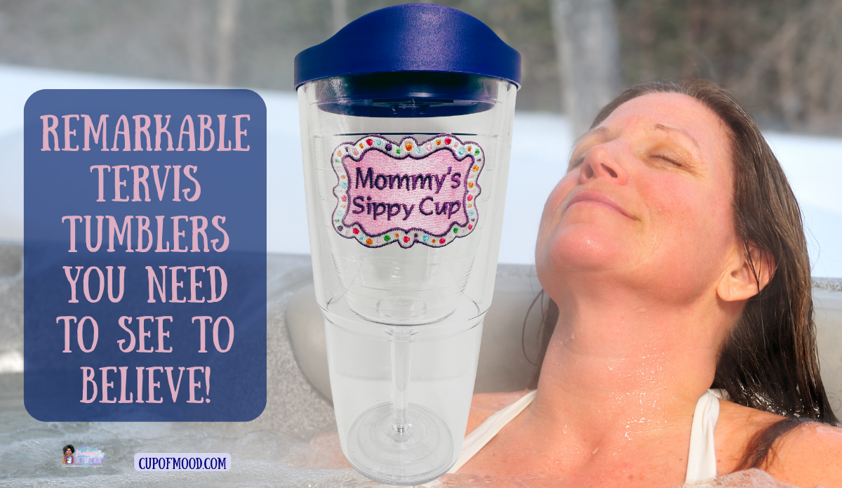 Tervis Mommy's Sippy Cup tumbler with blue lid and built-in stemmed wineglass design beside a woman relaxing in a bubbling hot tub.