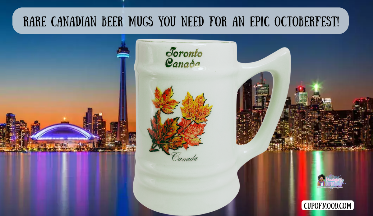 Toronto Canada Maple Leaf beer mug with autumn leaves against Toronto skyline and CN Tower at sunset
