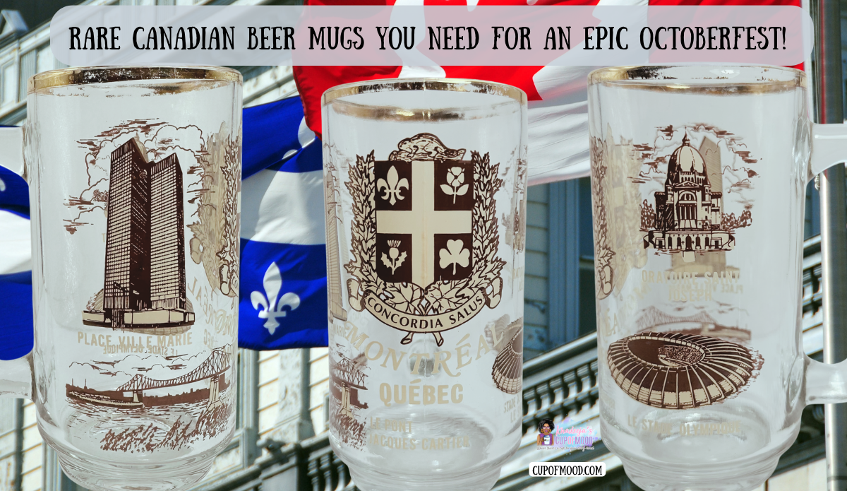 Vintage Montreal Quebec beer mug with Place Ville Marie, city crest, Saint Joseph’s Oratory, Olympic Stadium, and Quebec imagery