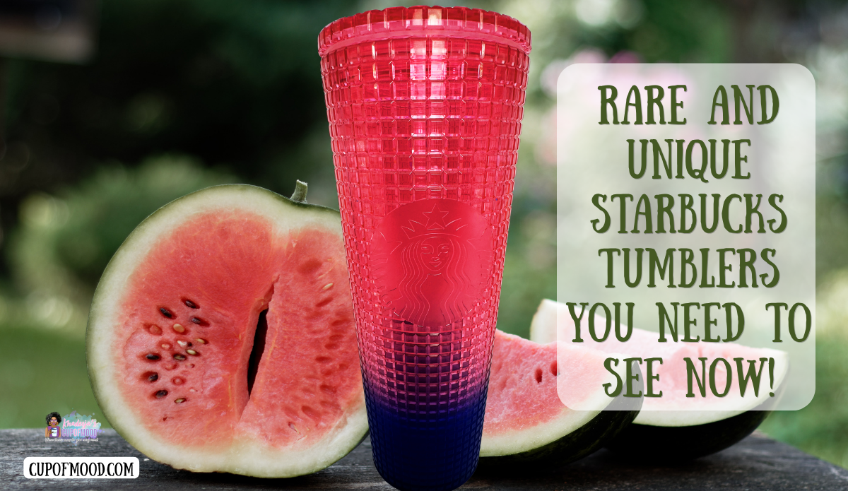 Starbucks Watermelon Grid Ombre Tumbler displayed with sliced watermelon in an outdoor summer setting