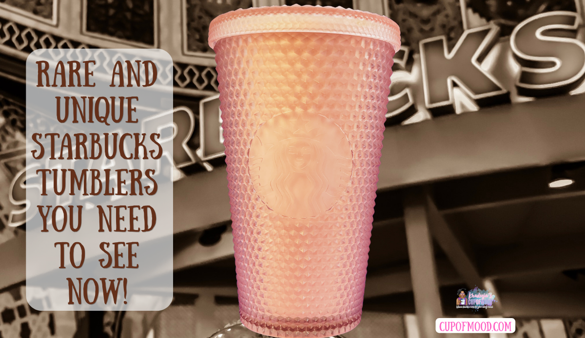 Pink textured Starbucks Siren tumbler displayed against vintage Starbucks storefront signage