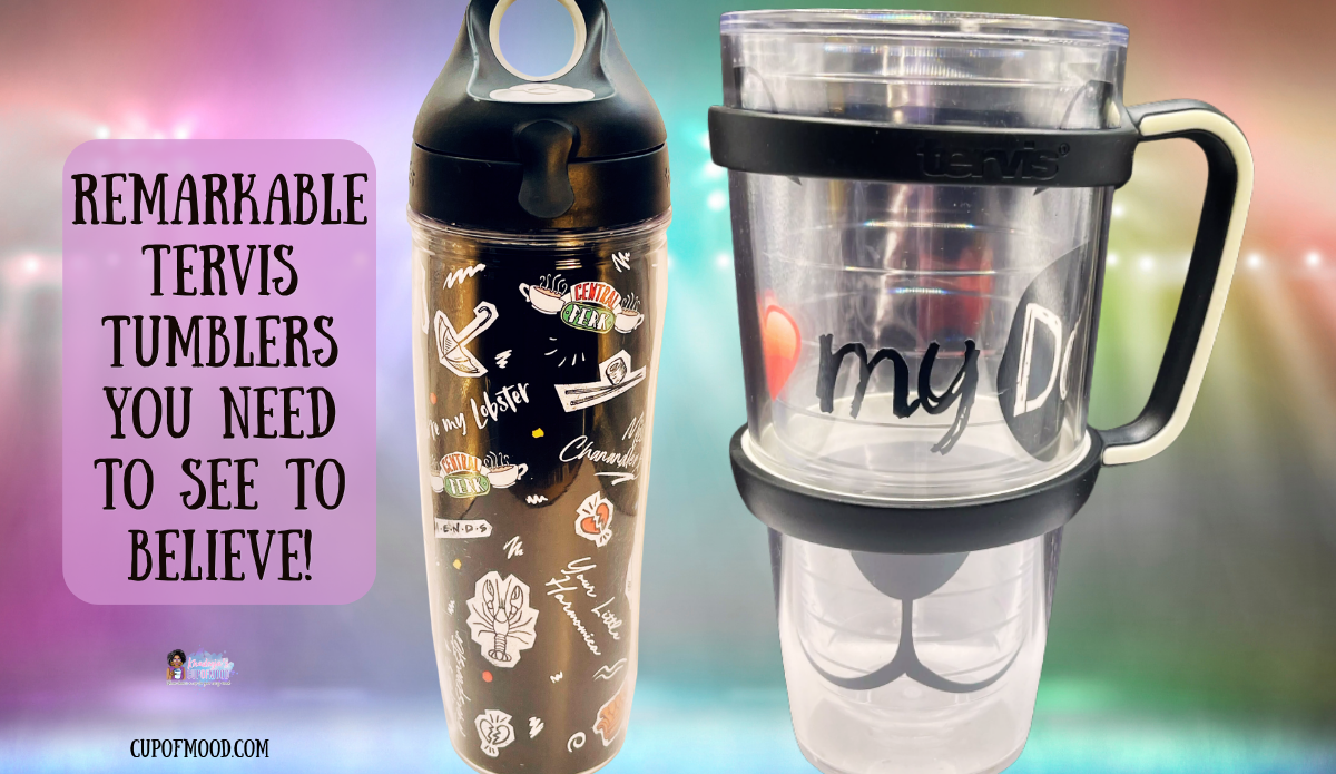 Friends-themed Tervis water bottle and handled Love My Dog Tervis tumbler illustrating collectible designs, themes, and specialty shapes.