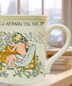 hallmark funny office mug styled in kitchen with cozy decor