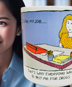 I Love My Job Drug Test Mug styled in office workspace setting