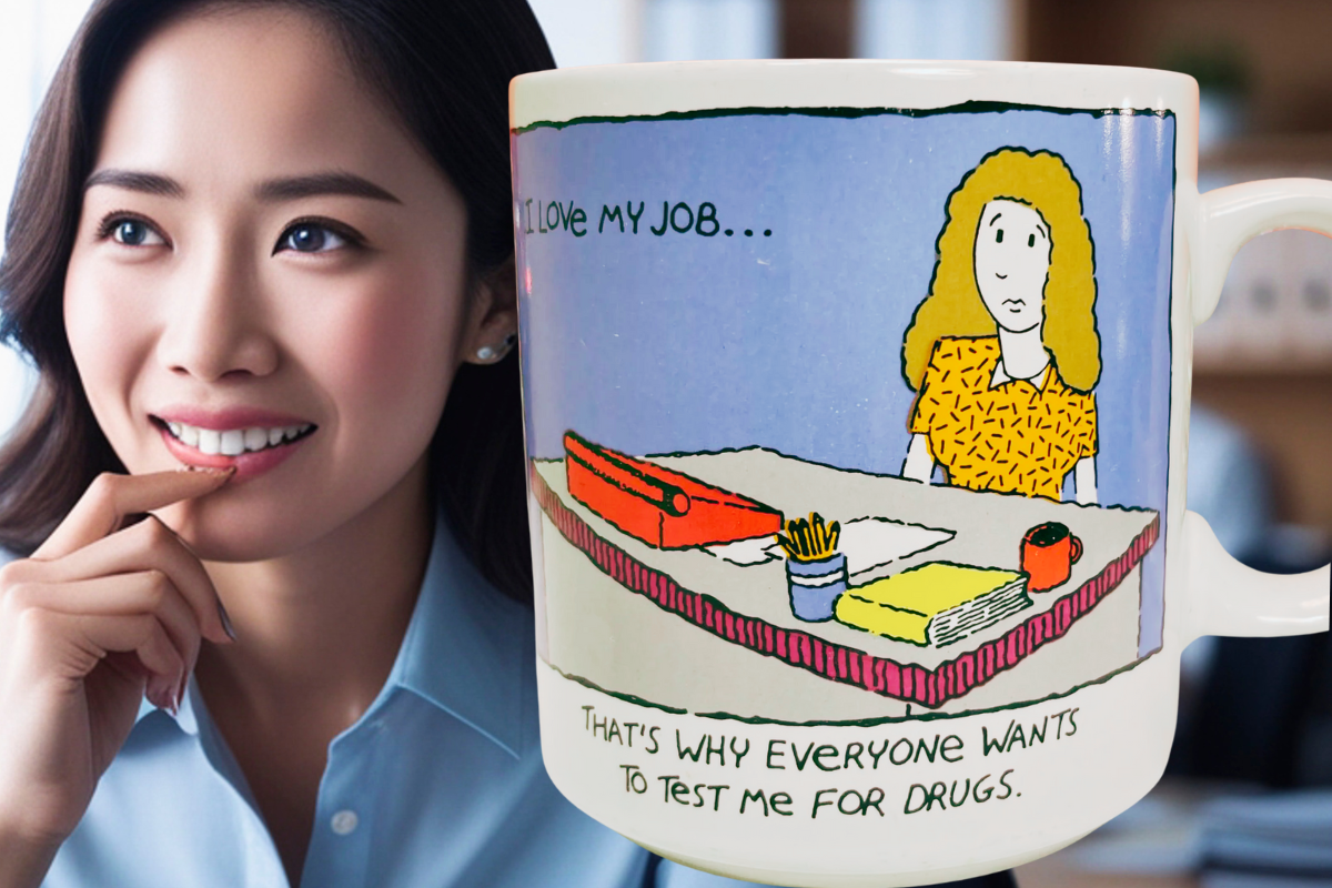 I Love My Job Drug Test Mug styled in office workspace setting