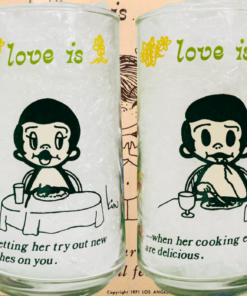 Vintage Love Is Cooking Experiments Drinking Glass showing both cooking cartoon scenes against nostalgic Love Is illustrations