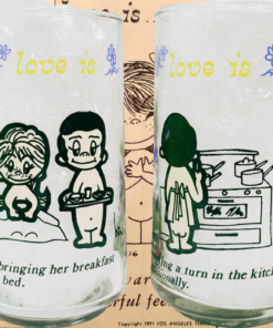 Vintage Love Is Breakfast in Bed Drinking Glass showing both cartoon scenes against nostalgic Kim Casali Love Is illustrations