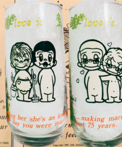 Vintage Love Is 75 Years Marriage Drinking Glass showing young and older cartoon couples together against nostalgic Love Is artwork