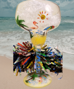 hand painted tropical flamingo beach margarita glass styled on beach with ocean waves background