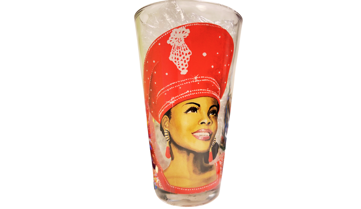 Elegant Red Hat Church Lady Glass front view with graceful portrait artwork and sparkling accents