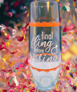 Final Fling Before The Ring Champagne Flute displayed with colorful confetti celebration background