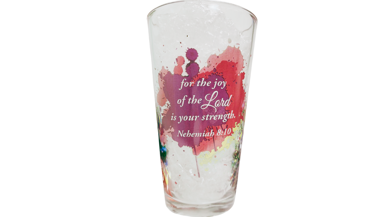 Elegant Red Hat Church Lady Glass reverse side with Nehemiah 8 10 scripture artwork
