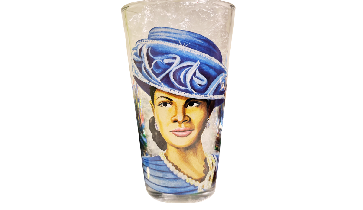 Royal Blue Hat Church Lady Glass featuring elegant Black woman portrait artwork and royal blue church hat