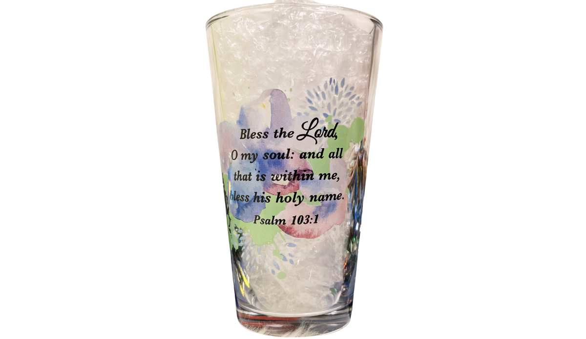 Royal Blue Hat Church Lady Glass angled view with inspirational scripture and floral artwork