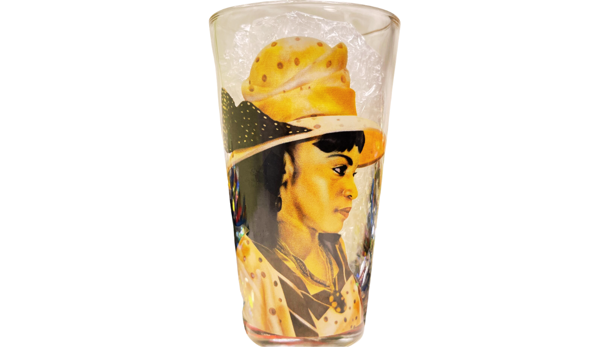 Elegant Gold Hat Church Lady Glass front view with graceful portrait artwork and layered gold church hat