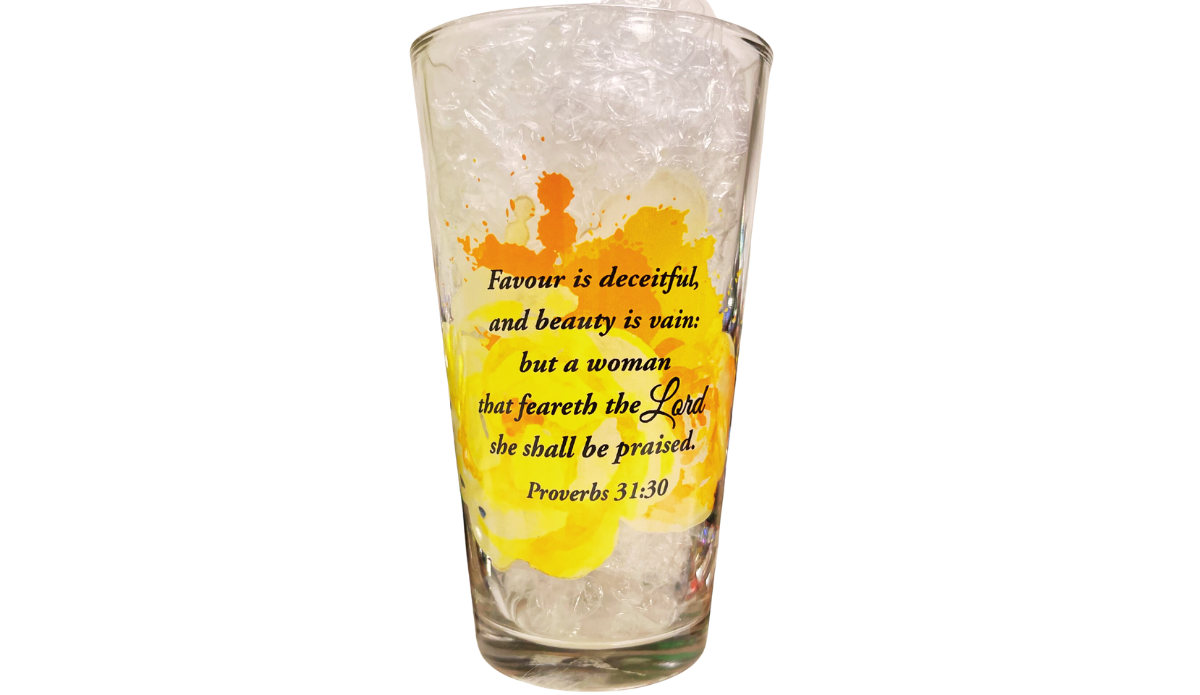Elegant Gold Hat Church Lady Glass reverse side with Proverbs 31 30 scripture artwork