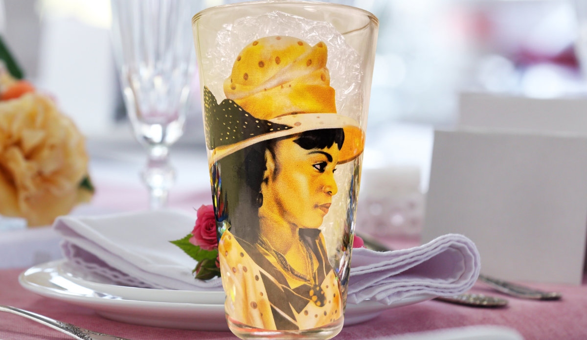 Elegant Gold Hat Church Lady Glass angled portrait view with sophisticated gold styling