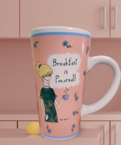 Pink breakfast mug in a soft pink kitchen setting with teapot and lemon accents