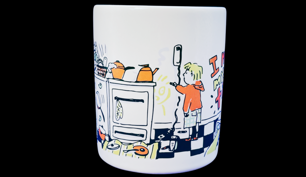hallmark mom time out funny mug side detail messy kitchen illustration