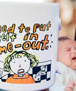 hallmark mom time out funny mug tired mom holding baby lifestyle scene