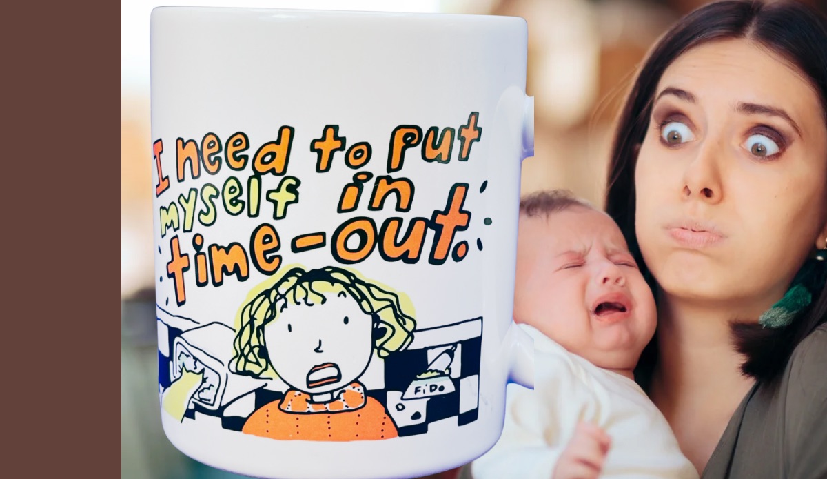 hallmark mom time out funny mug tired mom holding baby lifestyle scene