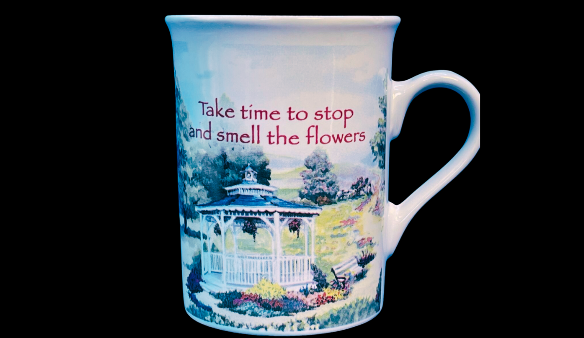 Chicken Soup for the Soul Floral Gazebo Mug front view with inspirational quote and gazebo garden scene