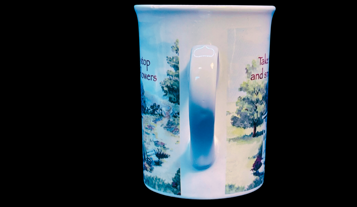 Chicken Soup for the Soul Floral Gazebo Mug handle view with wraparound landscape design