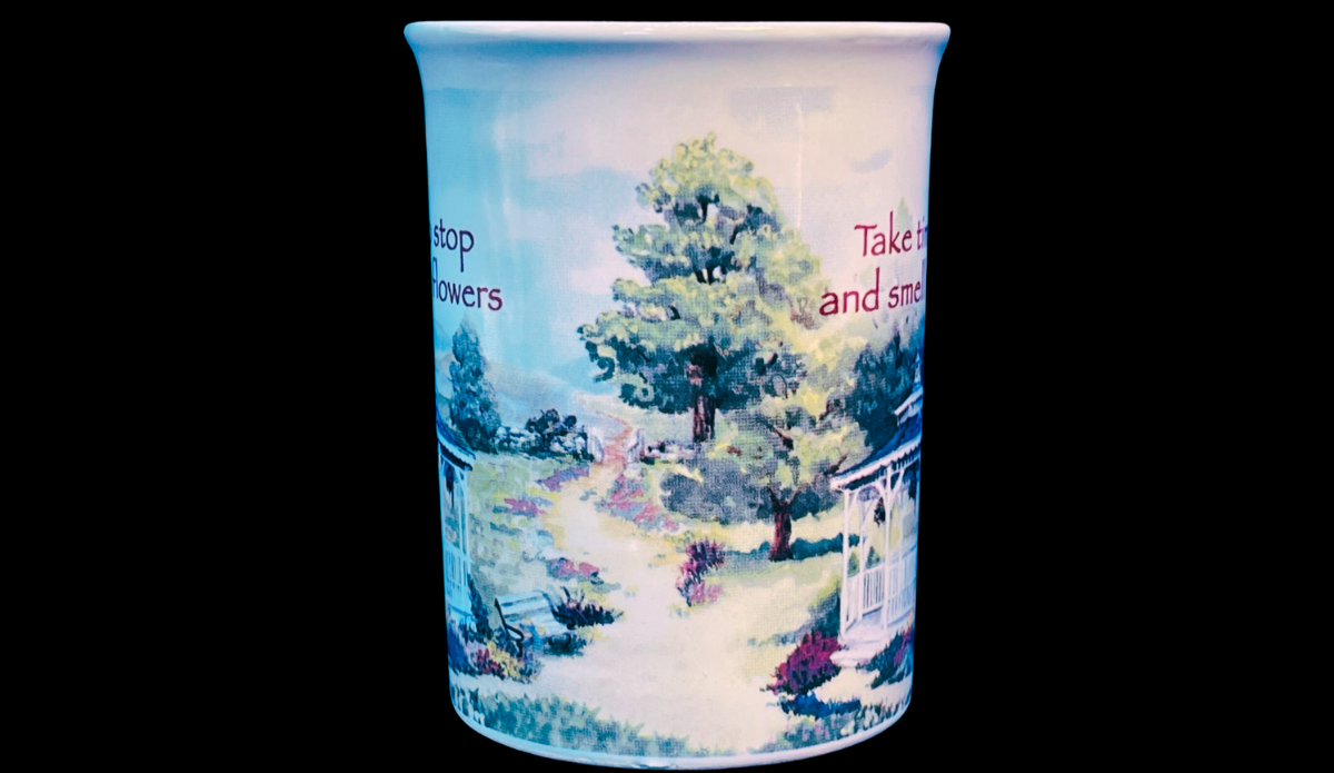 Chicken Soup for the Soul Floral Gazebo Mug side view showing trees flowers and pathway