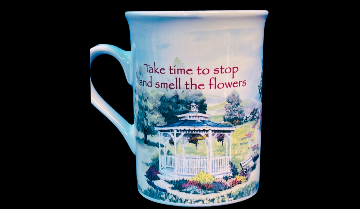 Chicken Soup for the Soul Floral Gazebo Mug back view with extended garden illustration