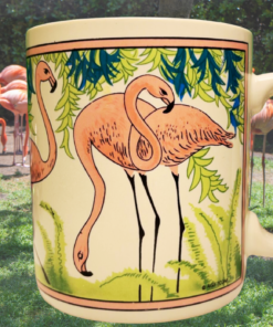 vintage flamingo mug styled outdoors with real flamingos in background