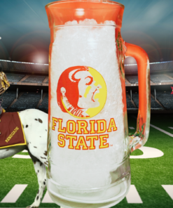 Vintage Florida State Glass Mug in football stadium scene with Osceola riding Renegade