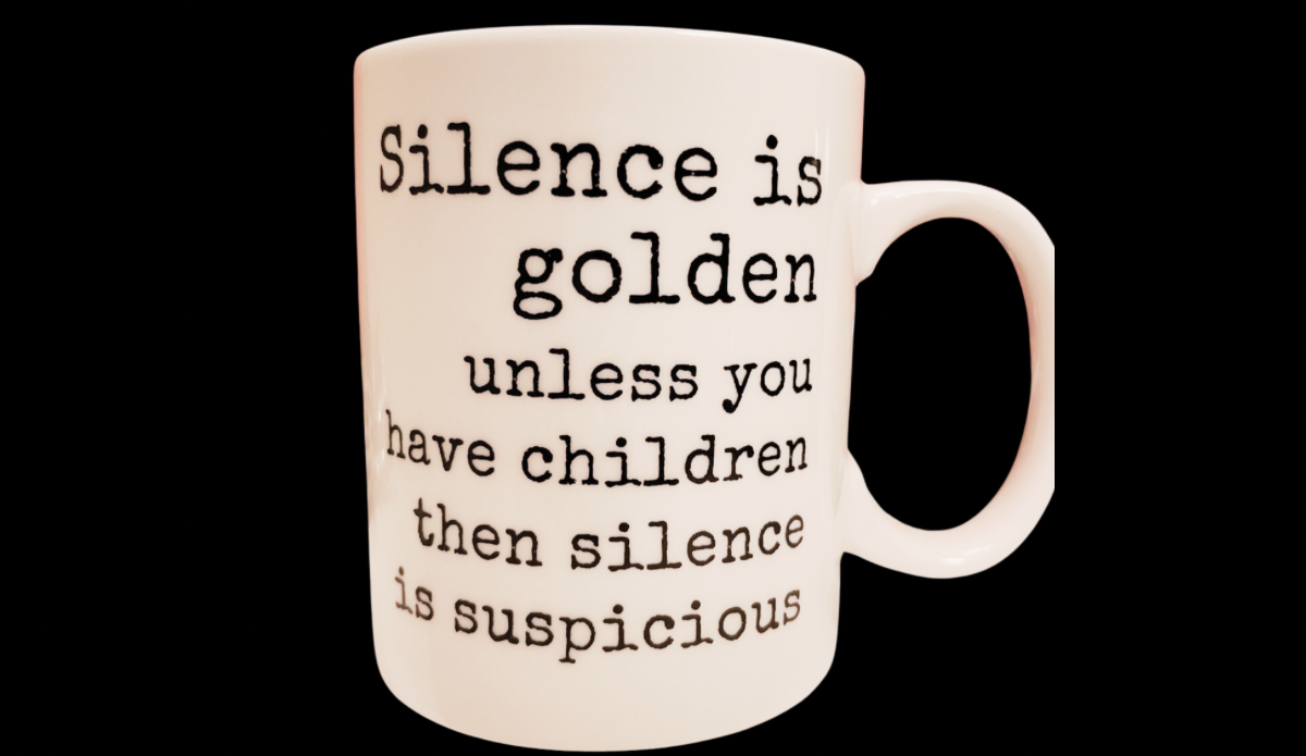 P Graham Dunn Silence Is Golden Funny Mom Mug front view with bold black quote text on white porcelain