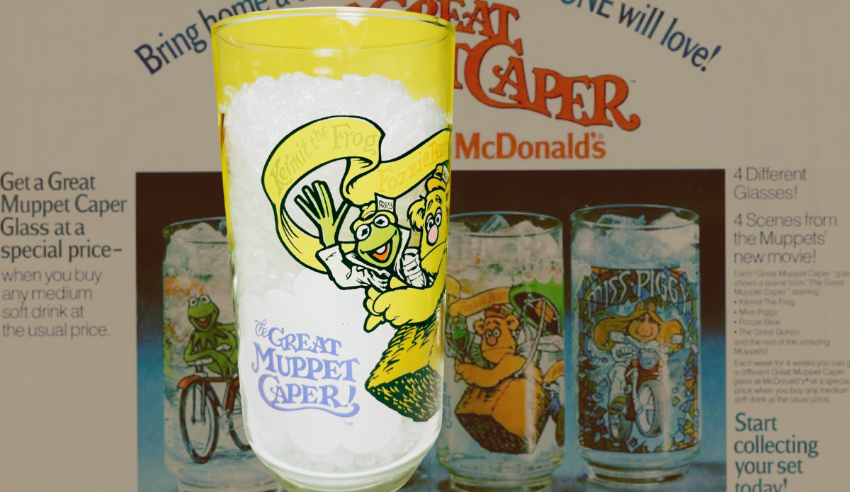 Kermit Fozzie Gonzo Great Muppet Caper Glass with vintage McDonald's promotion