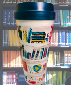 Kate Spade library books travel tumbler styled on shelf with books aesthetic setup