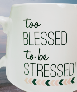 Too Blessed To Be Stressed Mug displayed against a peaceful beach and ocean background.