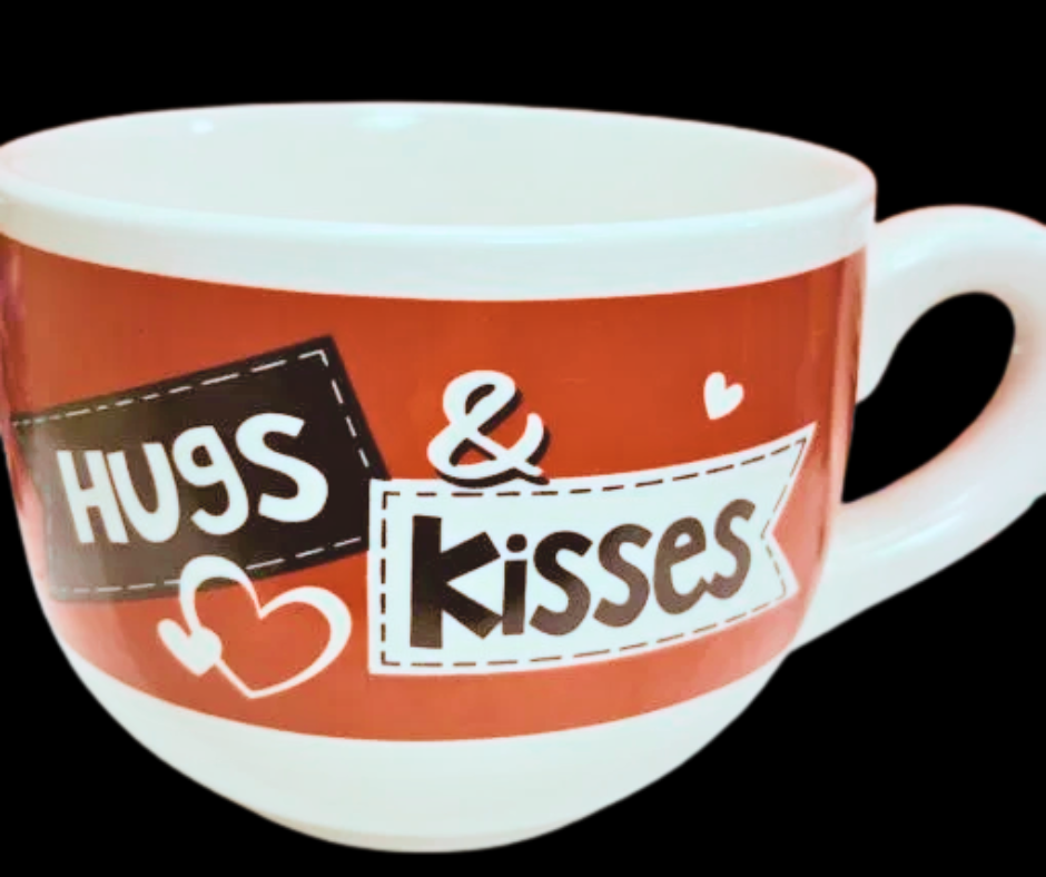 Hugs & Kisses Soup Mug front view with Valentine design