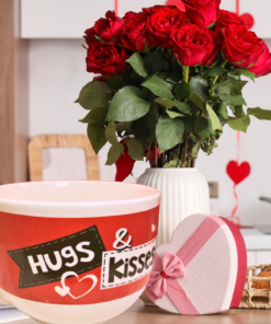 Hugs & Kisses Soup Mug styled in a Valentine’s Day kitchen setting