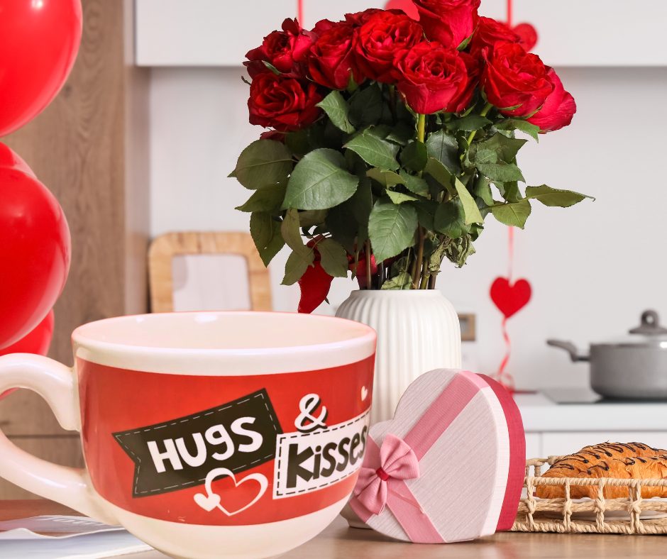 Hugs & Kisses Soup Mug styled in a Valentine’s Day kitchen setting