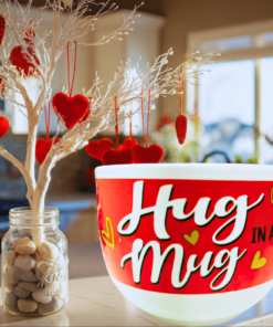 Hug In A Mug Soup Mug styled in a Valentine’s Day kitchen setting
