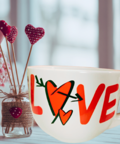 Love And Hearts Soup Mug styled in a Valentine’s Day kitchen setting