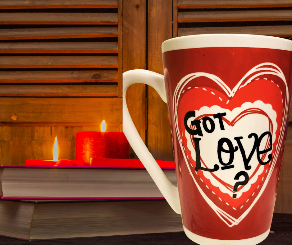 Got Love Valentine Latte Mug styled in a Valentine’s Day kitchen setting