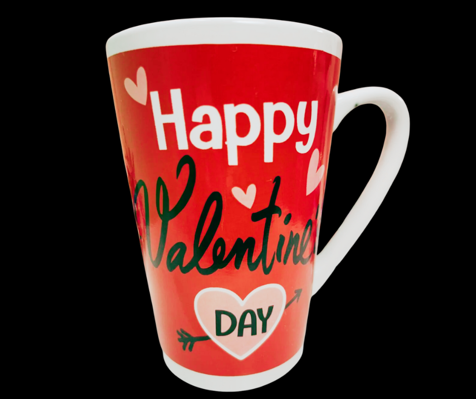 Happy Valentine’s Day Latte Mug front view with heart design
