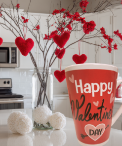 Happy Valentine’s Day Latte Mug styled in a Valentine’s Day kitchen setting