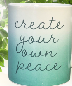 create your own peace mug styled in calming green nature setting with soft light