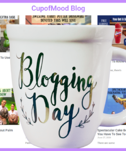 Natural Life Blogging Day mug displayed in front of the CupofMood Blog page
