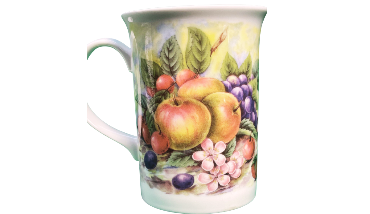 Churchill fruit mug with apples, purple grapes, green leaves, and pink blossoms on fine bone china